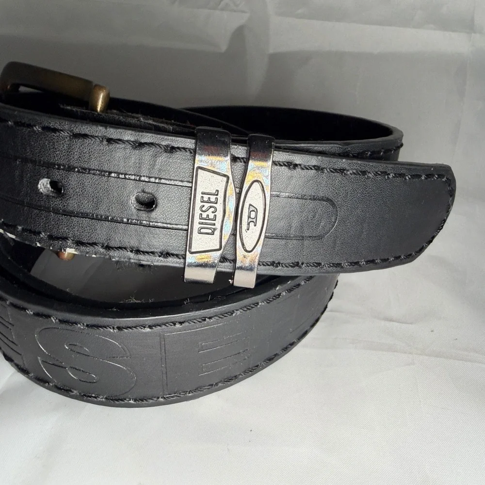 Diesel Belt Mens Black Leather Embossed Logo Y2K Industrial Streetwear 53in 135c